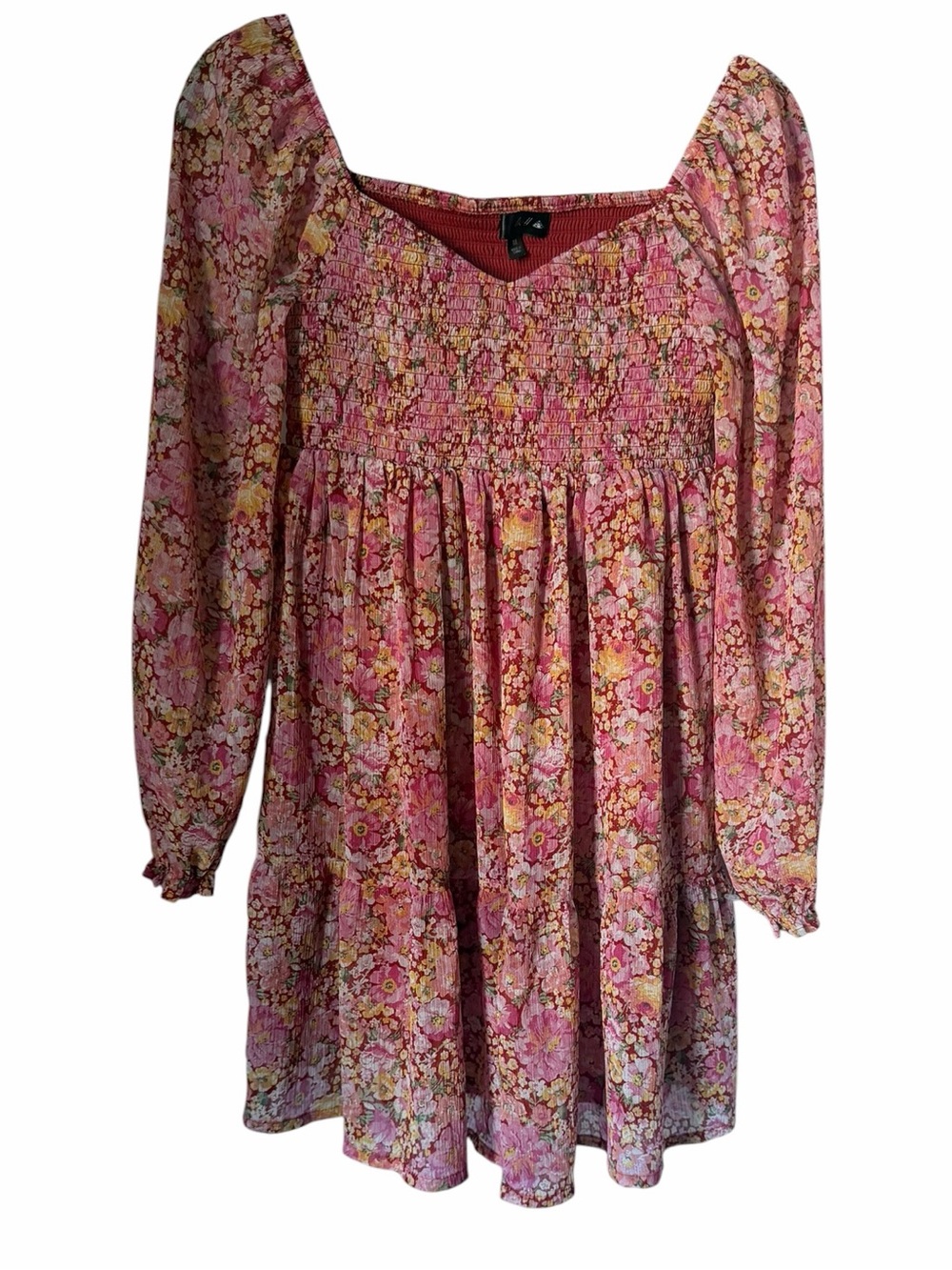 Floral Pink Smocked Front Dress Ruffles Feminine Flowy Stretchy Lightweight